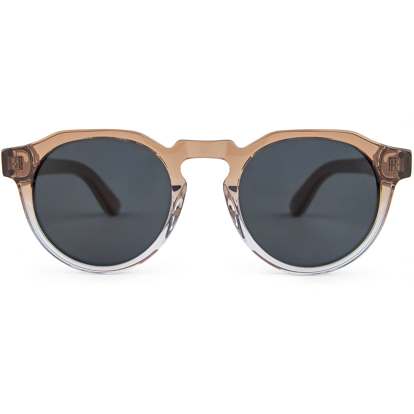 Lunettes de soleil rondes à monture dégradée marron avec branches en bois superposées