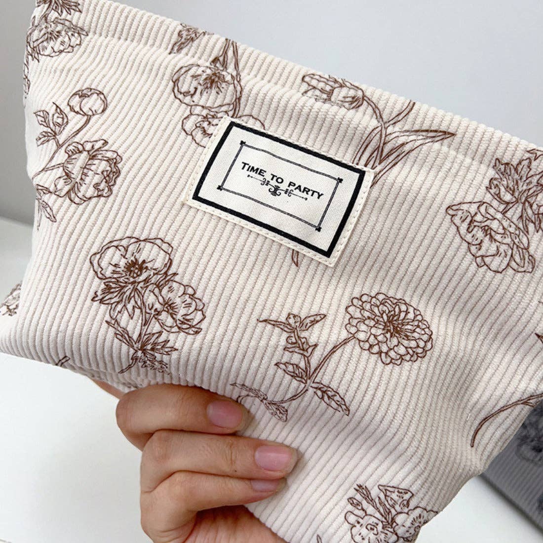 Sac de rangement portable en velours côtelé à motif floral: Beige