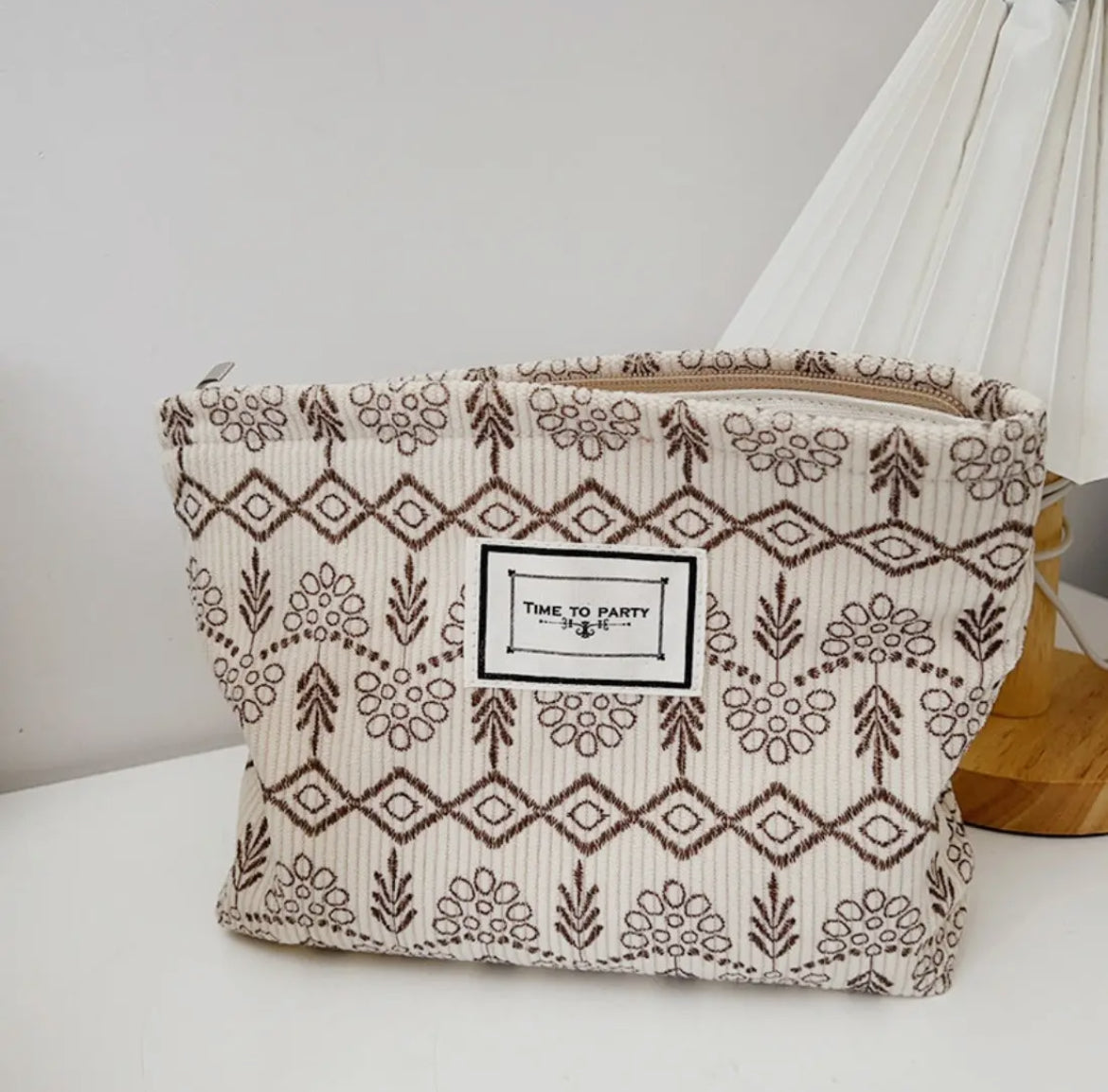 Sac de rangement portable en velours côtelé à motif dentelé  floral : Beige et brun