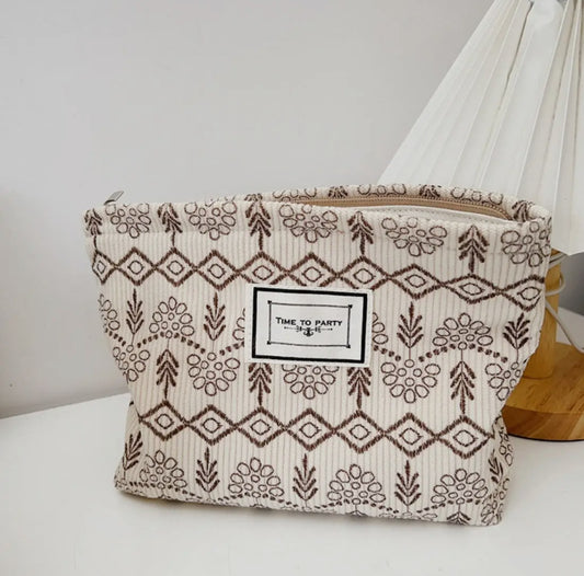 Sac de rangement portable en velours côtelé à motif dentelé  floral : Beige et brun