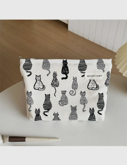 Sac de rangement portable en velours côtelé à motif Chats: noir et blanc
