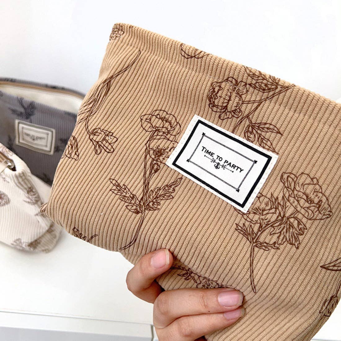 Sac de rangement portable en velours côtelé à motif floral: Marron
