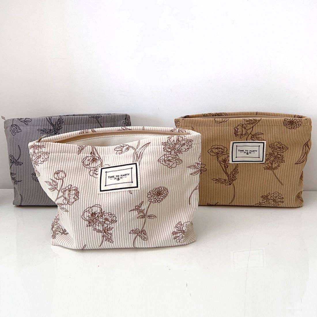 Sac de rangement portable en velours côtelé à motif floral: Gris