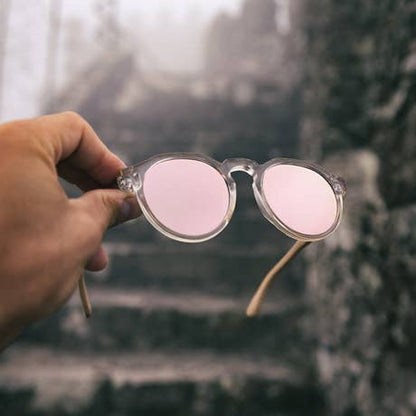 Lunettes de soleil Panto en bambou, monture transparente, verres miroirs roses