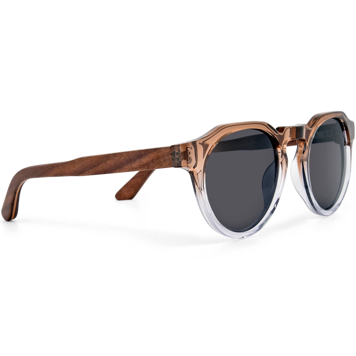 Lunettes de soleil rondes à monture dégradée marron avec branches en bois superposées