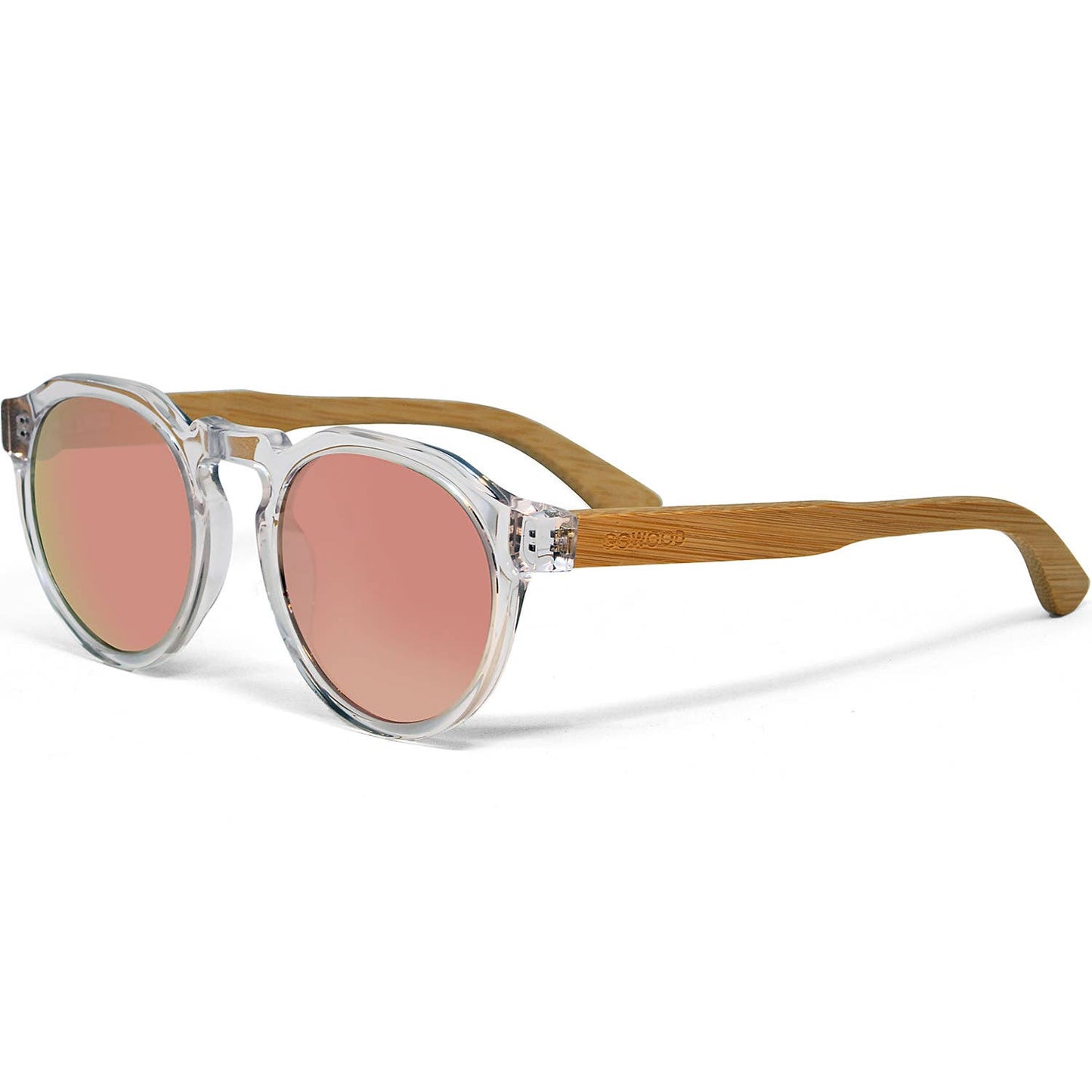 Lunettes de soleil Panto en bambou, monture transparente, verres miroirs roses