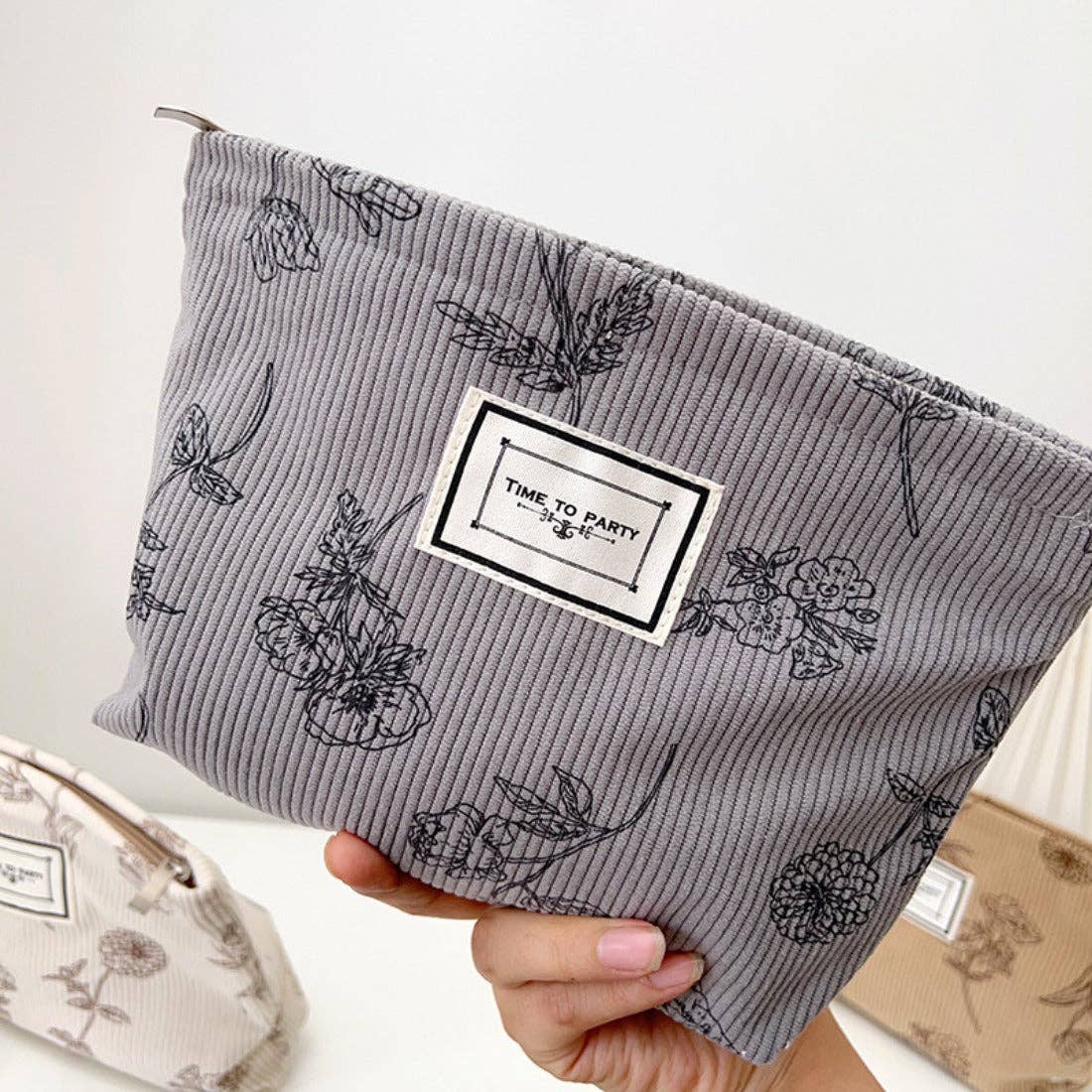 Sac de rangement portable en velours côtelé à motif floral: Gris
