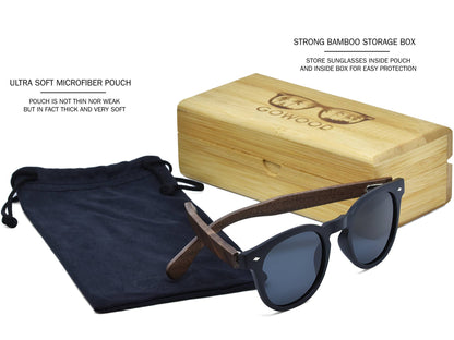 Lunettes de soleil rondes en bois de noyer avec verres polarisés noirs