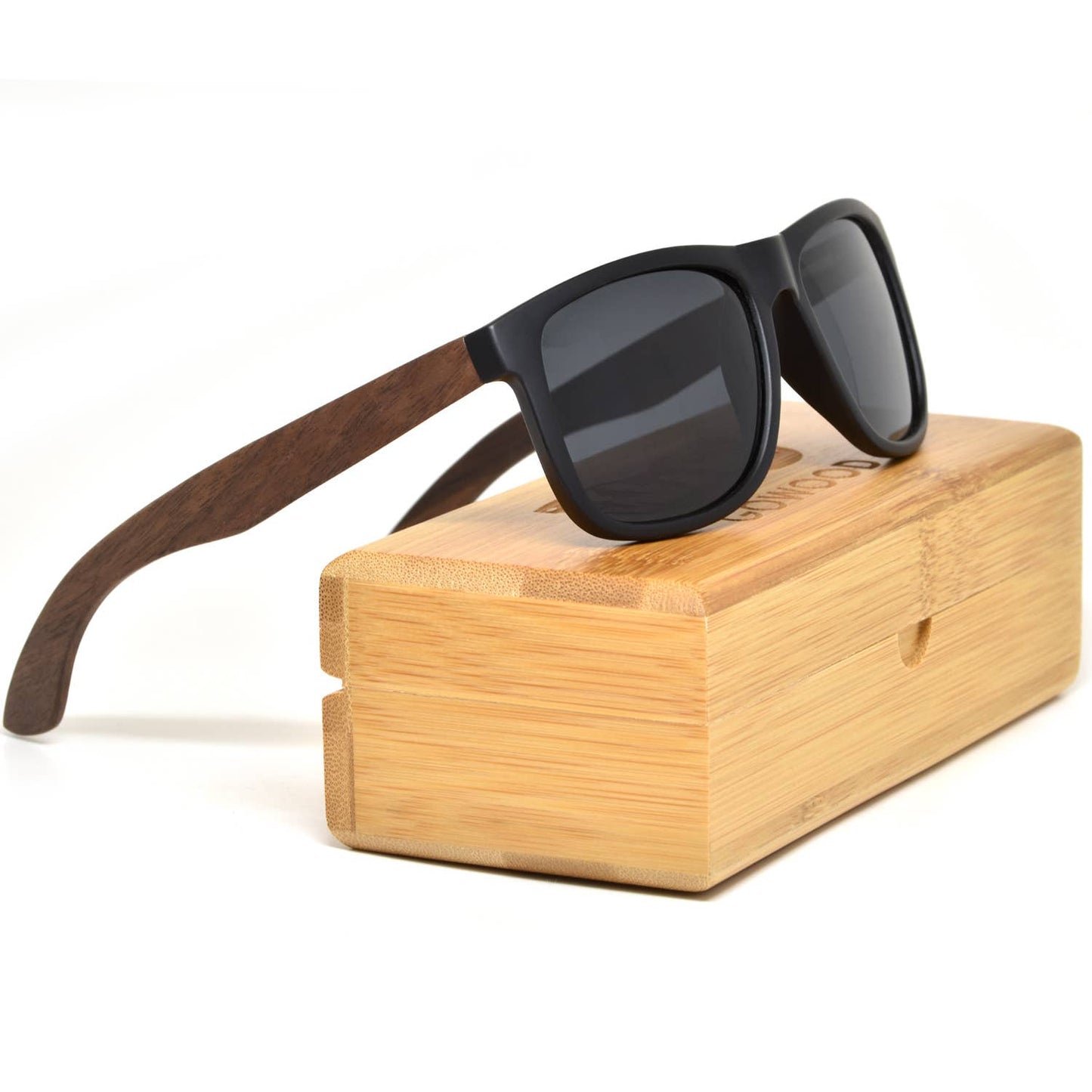 Lunettes de soleil carrées en bois de noyer avec verres polarisés noirs
